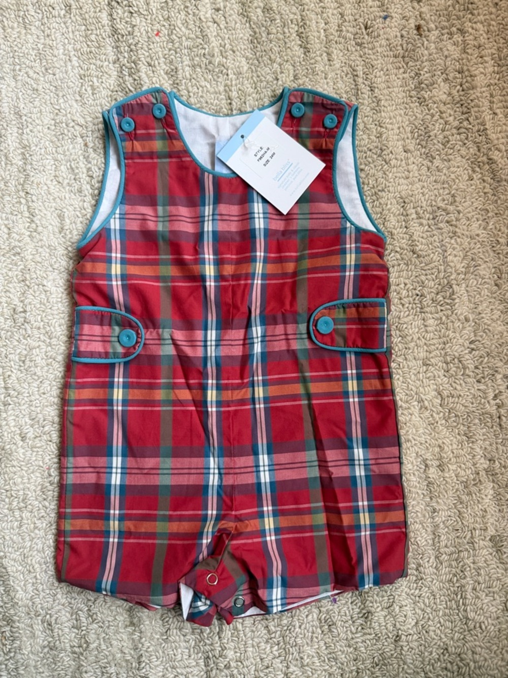 bella bliss boys Red Plaid Shortall with Teal Trim